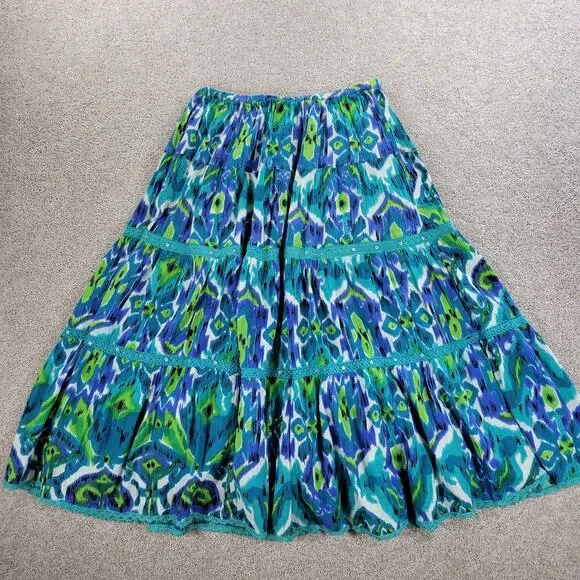 Vintage Notations A-line Skirt Womens L Blue Boho Watercolor Tiered Flowy Hippie - Picture 6 of 16